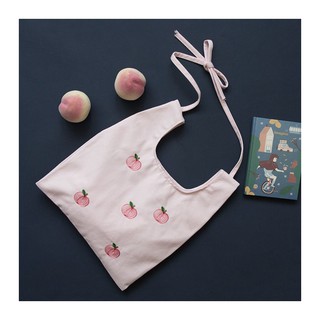 ส่งฟรี!!! Peachy shopping bag มี2สี ขาว ชมพู กระเป๋าผ้าทรงช็อปปิ้ง งานปักลายลูกพีช สายผูกปรับได้