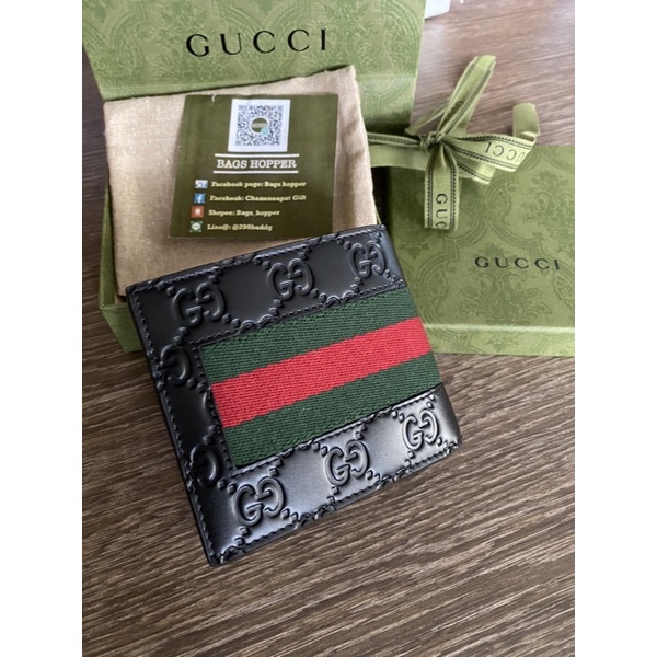 new-gucci-wallet-หนังดำปั๊ม-คาดเขียวแดง-ของแท้