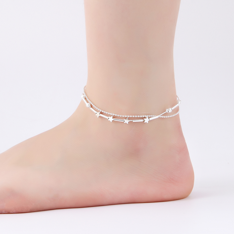 ราคาและรีวิวกำไลข้อเท้า Women Star Beads Anklet Korea Trendy Multilayer Anklets Foot Chain Bracelet Girl Lady Jewelry Gift