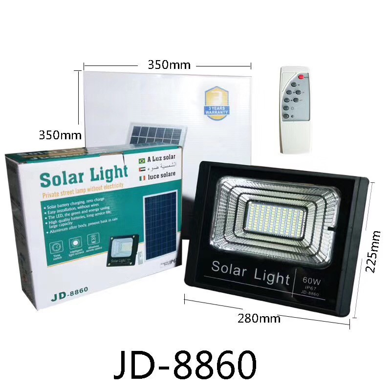 ไฟโซล่าเซลล์-60w-แสงสีขาว-เหลือง-jd-8860-โคมไฟสปอร์ตไลท์-รุ่นใหม่-196-smd-พร้อมรีโมท-สว่างมาก