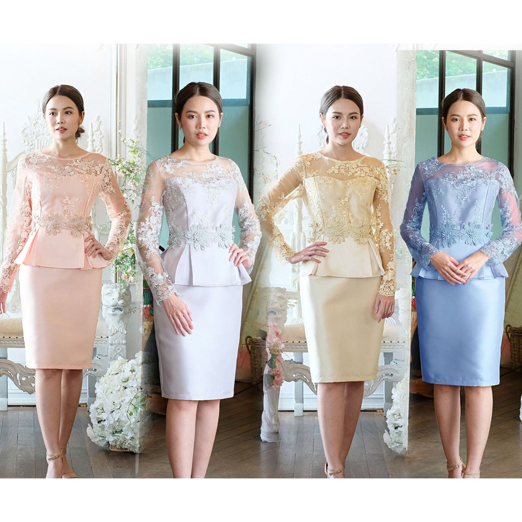 เดรสออกงานผ้าไหมแพทเทิร์นทรงสอบแต่ง-peplum-ตัวเสื้อปักลายดอกไม้สวยงาม