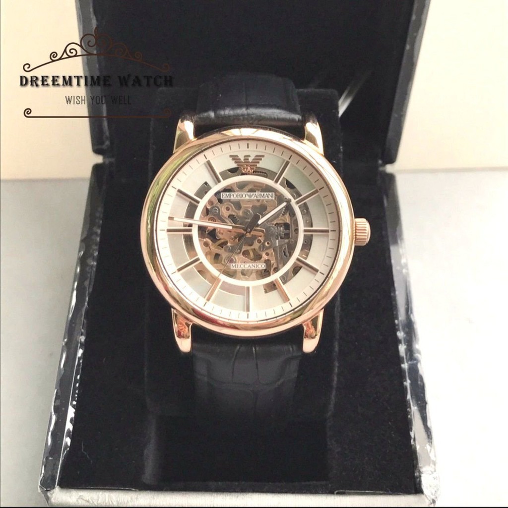 Ar60007 ARMANI Amani Rose Gold สายหนังสีดำ Hollow เด็กชายและเด็กหญิง ...
