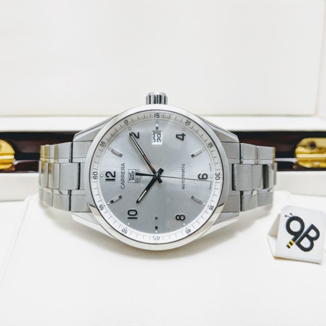 ของแท้100-used-tag-heuer-carrera-date-dial-silver-stainless-steel-automatic-calibre5-sapphire-crystal