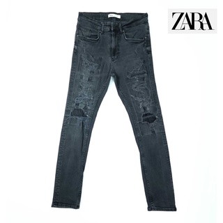 ยีนส์ Zara เอว 30-31 เทาดำ แต่งขาดปะโหดๆ เดิมๆ ผ้ายืด ขาเดฟ