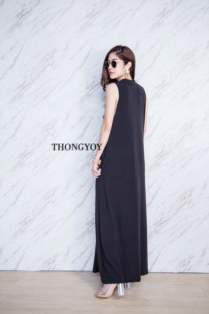 maxi741-เเมกซี่คอเต่าแขนกุด-สีพื้นดำ