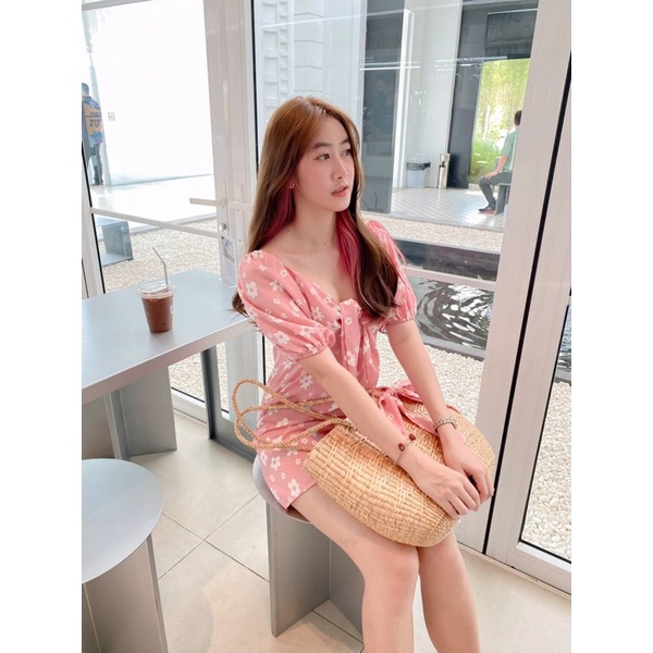 mm2903-เดรสดอก3สี-มินิเดรสลายดอกแขนบอลลูน-ผ้าวูลพีชพิมพ์ลาย-ชุดใส่แล้วน่ารักมากๆค่ะ-มีเชือกผูกผมแถม1เส้นน้า