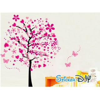 SALE Bigsize Transparent wall sticker สติ๊กเกอร์ติดผนัง ต้นไม้ดอกไม้หัวใจสีชมพู (กว้าง175cm.xสูง160cm.)