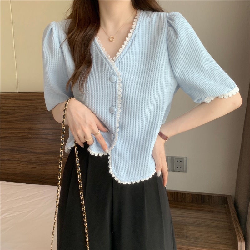 เสื้อเชิ้ตแขนสั้นลําลอง-คอวี-เข้ารูป-สไตล์ฝรั่งเศส-สุดชิค-สําหรับผู้หญิง