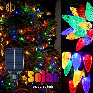 สายไฟหิ่งห้อย LED 20 ดวง 30 ดวง 50 ดวง รูปสตรอเบอร์รี่ ใช้พลังงานแสงอาทิตย์ ปรับได้ 8 โหมด สําหรับตกแต่งต้นคริสต์มาส