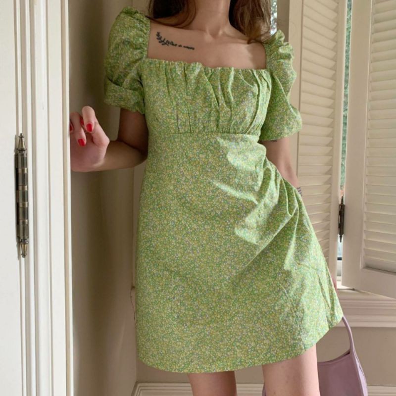 เดรสสั้นสีเขียว-แขนตุ๊กตา-granny-apple-dress-c6167
