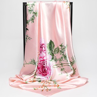 สินค้า สี ชมพู-ผู้หญิงร้อนผ้าไหมผ้าพันคอที่มีคุณภาพการพิมพ์ผ้าซาตินสแควร์ 90 * 90 ซม. ผ้าพันคอเครื่องประดับแฟชั่นดอกไม้เงางามผู