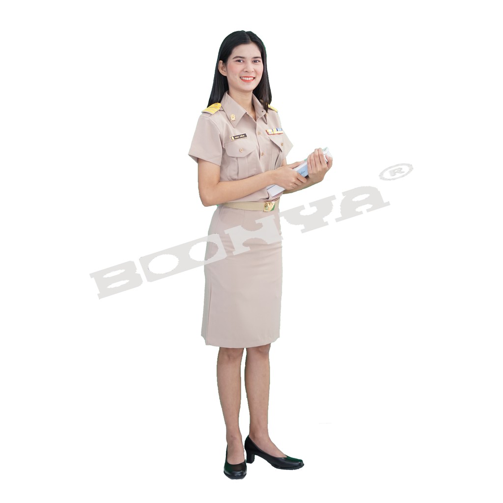 เสื้อข้าราชการผู้หญิง-แขนสั้น-ทรงสลิมฟิต-สีกากี-ตรา-boonya