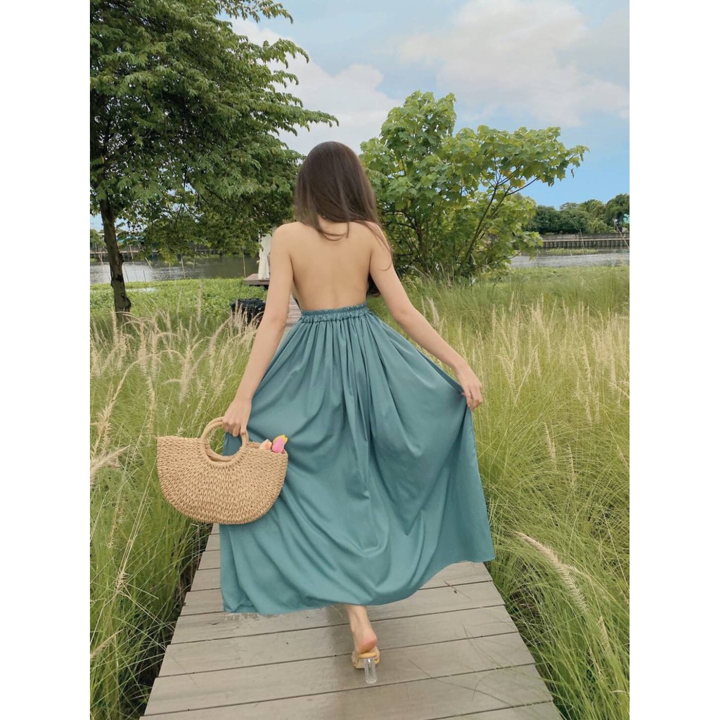 al783-เดรสยาวเว้าหลัง-มีเชือกสอดสำหรับผูกคอเอง-เอวด้านหลังเป็นยางยืด-กระโปรงผ่าด้านหน้า