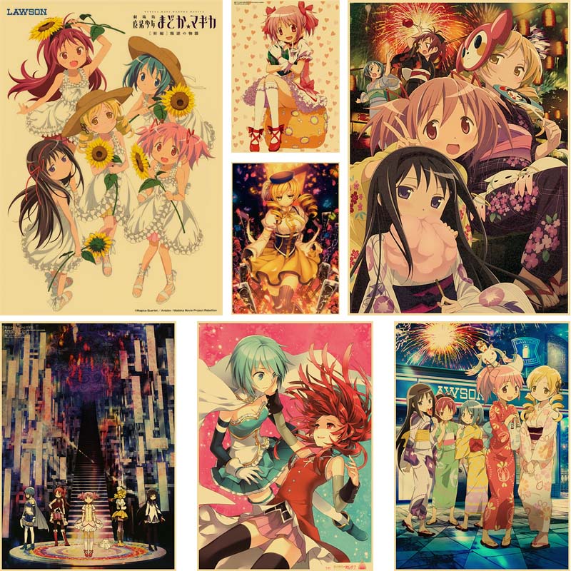 โปสเตอร์กระดาษคราฟท์-ลายอนิเมะ-puella-magi-madoka-magica-สไตล์เรโทร-สําหรับตกแต่งผนัง-บาร์-คาเฟ่-ห้องนั่งเล่น