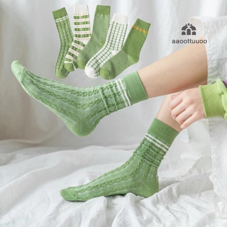 Green Womens Cotton Socks Vintage Stripe Lattice Matcha Color Breathable Cute Japanese Casual Girls Short Socks