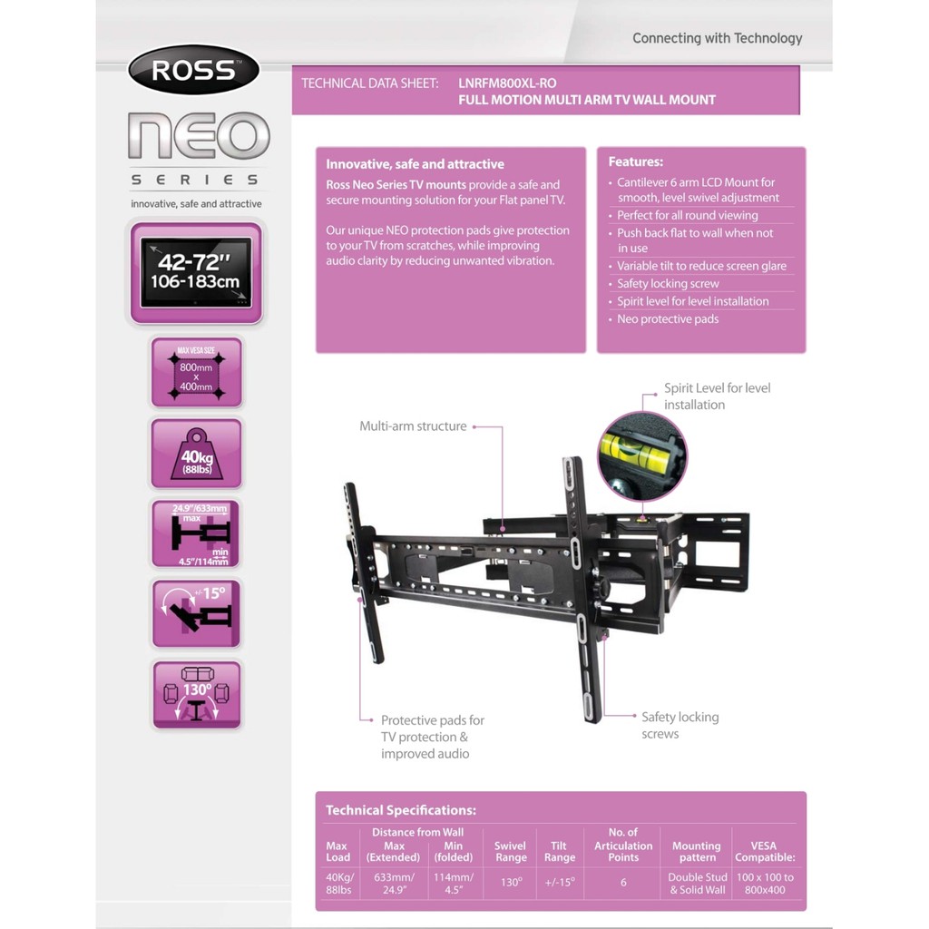 ขาทีวีแบบติดผนังเคลื่อนไหวจอได้-lnrfm-800xl-ro-รองรับทีวีทุกยี่ห้อ-42-ถึง-72-นิ้ว