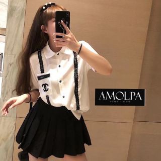 พร้อมส่ง !!!   เสื้อเชิ้ตแขนสั้น CHANEL คาดแถบริบบิ้นดำ ผ้าคอตตอน100 ลื่นนน นิ่ม ใส่สบายม๊ากกก  ห้ามพลาดดเลยค๊า
