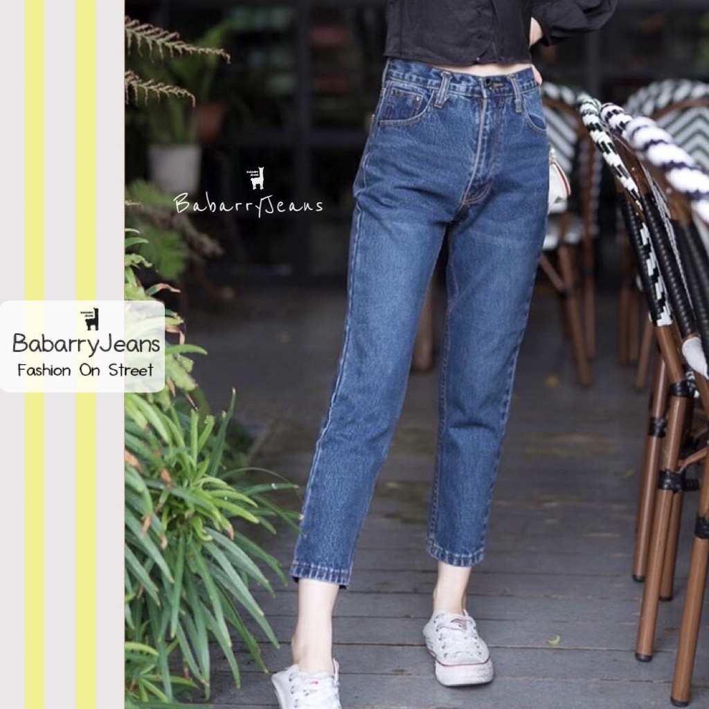 babarryjeans-ยีนส์ทรงบอยเฟรน-รุ่นคลาสสิค-เอวสูง-ฟอกหน้าขา-ผ้าไม่ยืด-สียีนส์เข้มฟอก-original