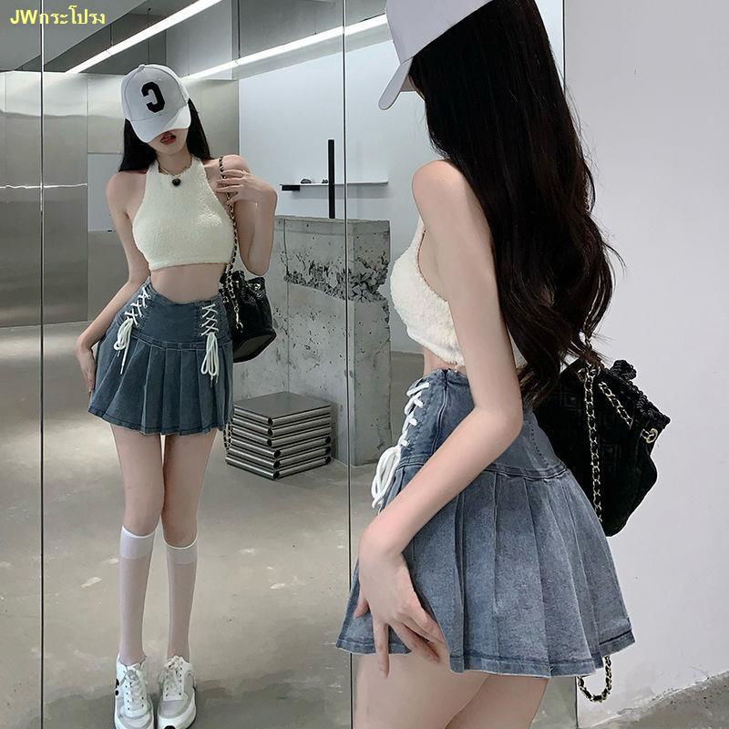 ขายร้อน-hot-girl-denim-short-skirt-2022-korean-style-cross-tie-pleated-skirt