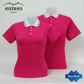 เสื้อโปโล DryTech สีชมพู ปกสีขาว ริ้วสีชมพู-เทา