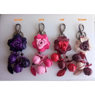 พวงกุญแจสำหรับกระเป๋า ลายดอกไม้ ดอกกุหลาบ #2 Rose flower มีหลายสีให้เลือก ทำจากหนังแท้ No.07-2