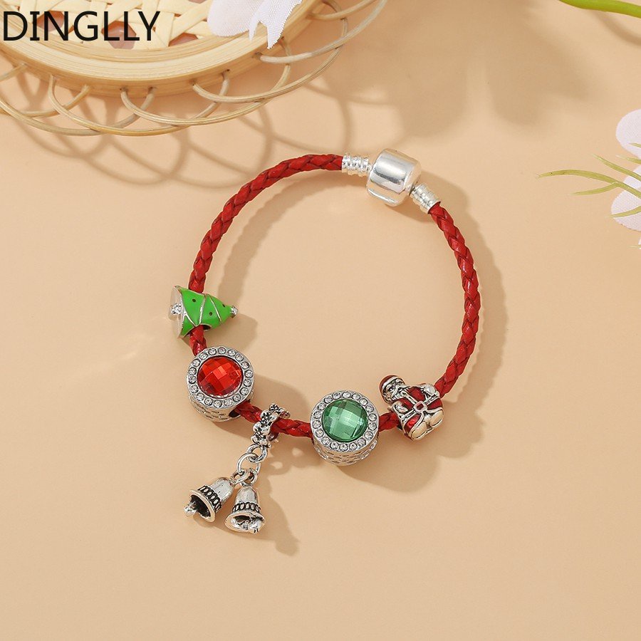 dinglly-สร้อยข้อมือหนัง-จี้กระดิ่ง-สีเงิน-สีแดง-สําหรับผู้หญิง-ต้นคริสต์มาส-และลูกปัดซานต้า-สีเขียว