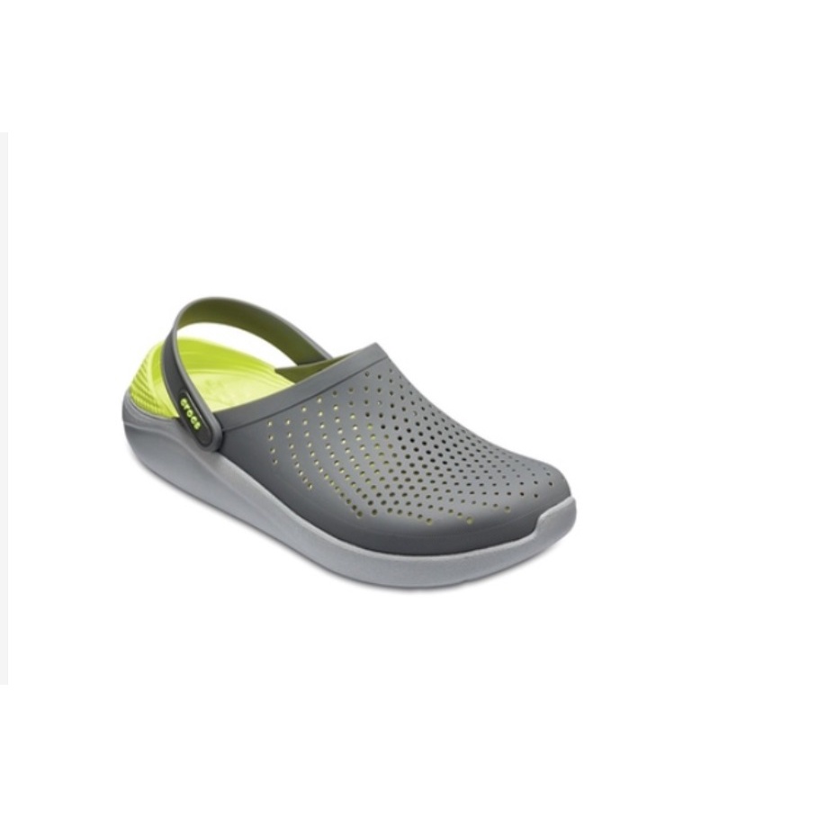 Grey and store green crocs