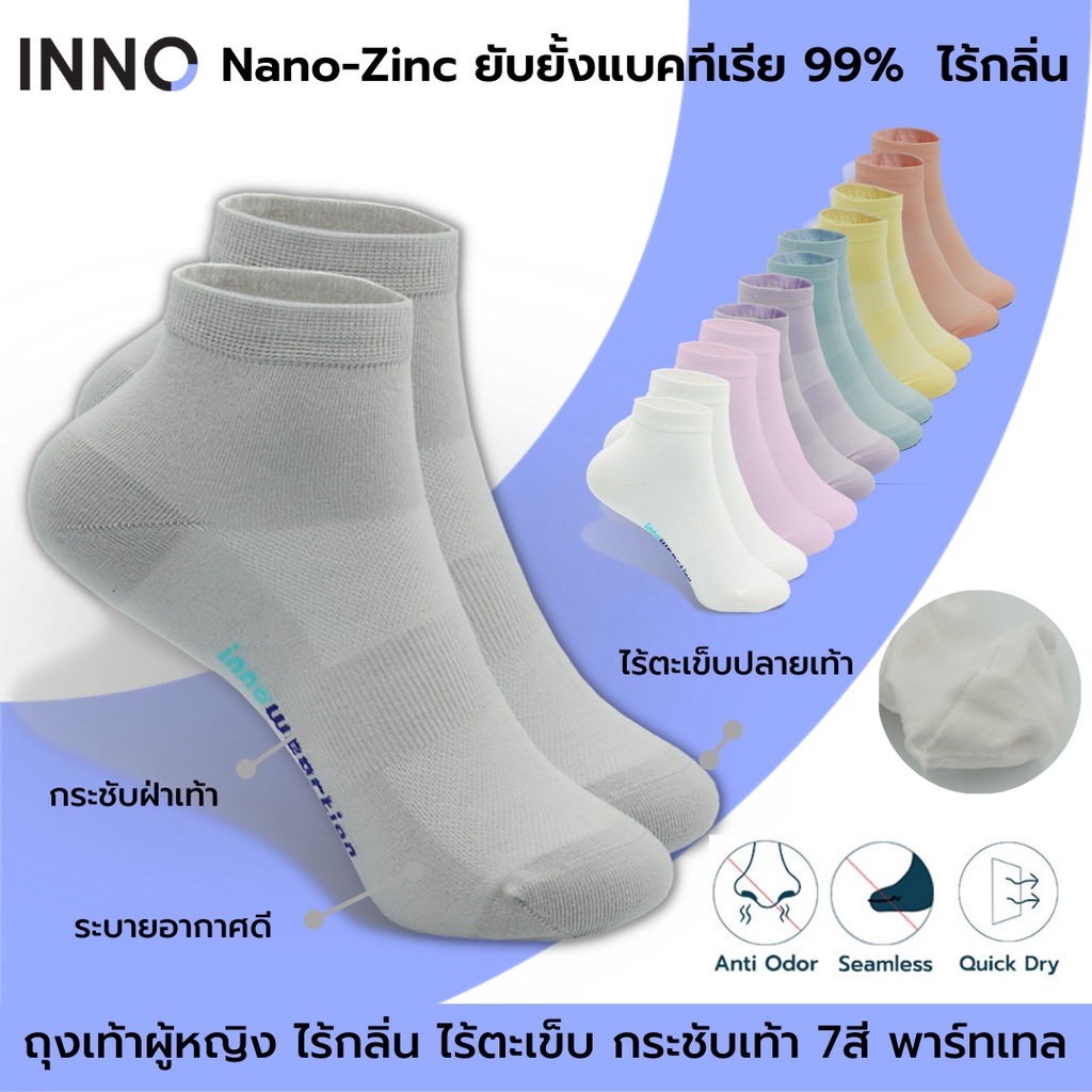ภาพหน้าปกสินค้าINNO Women+ ถุงเท้าสุขภาพผู้หญิง สำหรับคุณผู้หญิง Nano-Zinc ยับยั้งแบคทีเรียไร้กลิ่น ไร้ตะเข็บปลายเท้า สีพาสเทล
