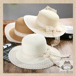 (พับได้) หมวกปานามา หมวกสาน ปีกกว้าง 9ซม. Straw lace cloche hat size 9cm