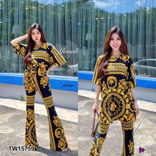 TW15759     Set 2 ชิ้น เสื้อแขนสั้นคอกลมตัวยาวคลุมสะโพกกางเกงเอวยางยืดขายาวทรงขาม้านิดๆงานสวยเนื้อผ้าซุปเปอร์เรย่อน