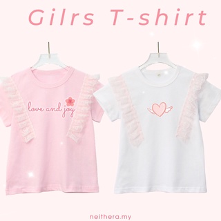 เสื้อยืดพิมพ์ลายลูกไม้ท็อปส์สไตล์เกาหลีสําหรับเด็กผู้หญิงสีชมพู