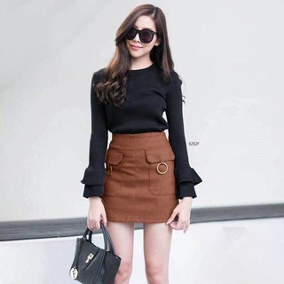 👚👗H6252-BROWN Set 2 ชิ้น เสื้อแขนระบายคอกลม แขนยาวแต่งชายระบายเป็นชั้นๆ งานเนื้อผ้าคอตตอล +กระโปรงสั้นทรงเอ