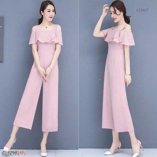 🧥 H4294-PINK จั้มสูทขายาวทรงขาบานกว้าง สายเดี่ยว  แต่งระบายหน้าอก มีกระเป๋าล้วง 2 ข้าง ช่วงเอวตีเกล็ดหน้าหลัง