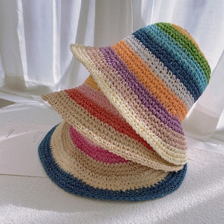 หมวกฟางสาน กันแดด สีรุ้ง สไตล์เกาหลี เหมาะกับเดินชายหาด แฟชั่นฤดูร้อน สําหรับผู้หญิง
