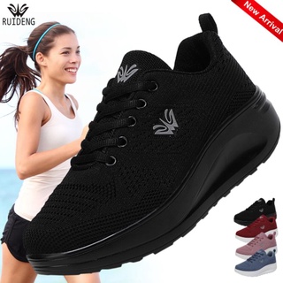 RUIDENG-2217 รองเท้าผ้าใบผู้หญิงเพื่อสุขภาพ พื้นหนา งานถัก เบามาก ระบายอากาศได้ดี ใส่ออกกำลังกาย ยืนนานสบาย(สีดำล้วน)