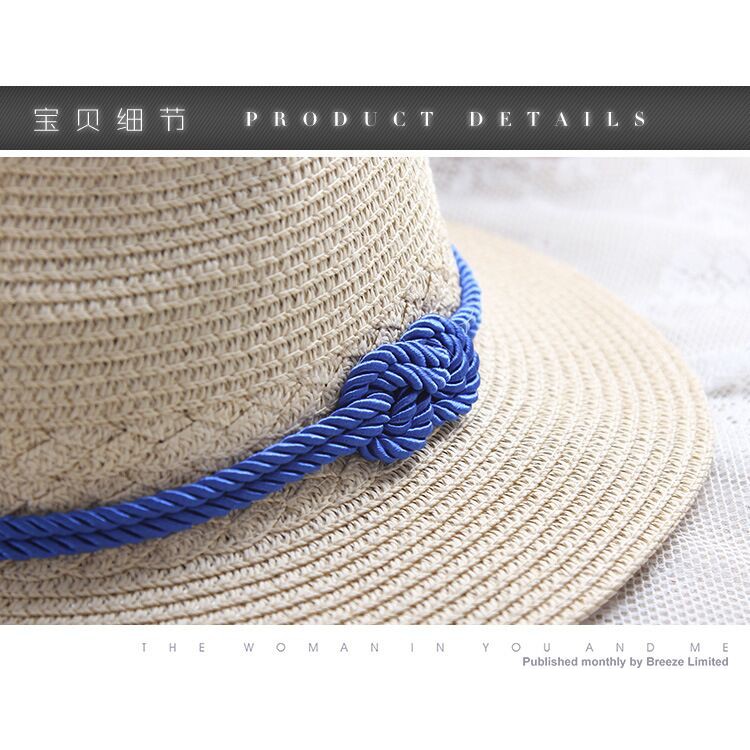 หมวกสานสีครีม-ประดับเชือกสีฟ้าใช้สวมใส่กันแดด-เดินชายหาด