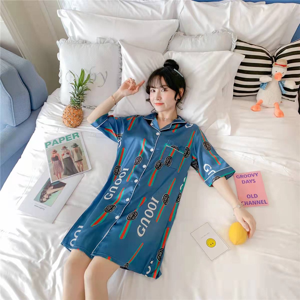 พร้อมส่งส่งจากไทย-size-l-ชุดนอนสำหรับผู้หญิงงานซาติน-กระโปรงมีลาย