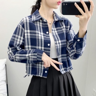 เสื้อครอปท็อปแขนยาวลําลอง ทรงหลวม ลายสก๊อต สไตล์เกาหลี แฟชั่นเรโทร สําหรับเด็กนักเรียน