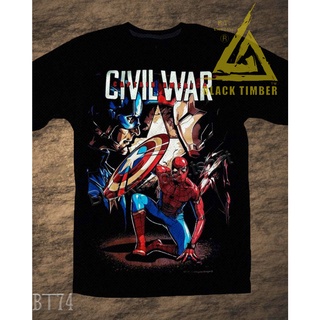 เสื้อยืดผ้าฝ้ายพรีเมี่ยม Civil War Captain A VS Iron man เสื้อยืด สีดำ Black Timber T-Shirt ผ้าหนา สกรีนลาย