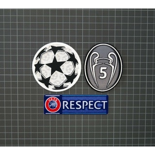 อาร์ม กำมะหยี่ Patch UEFA Champions League Starball, 5 Times Winners &amp; RESPECT Sleeve Patches/Badges Liverpool