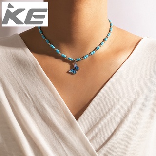 Necklace Blue Rice Bead Alloy Beaded Butterfly Pendant Single Necklace for girls for women low