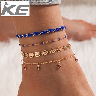 Jewelry Colorful tassel rhinestone rope braided geometric anklet set of 4 for girls for women