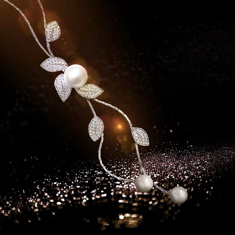 สร้อยคอเงินจี้คริสตัล-rhinestone-รูปใบไม้-rhinestone