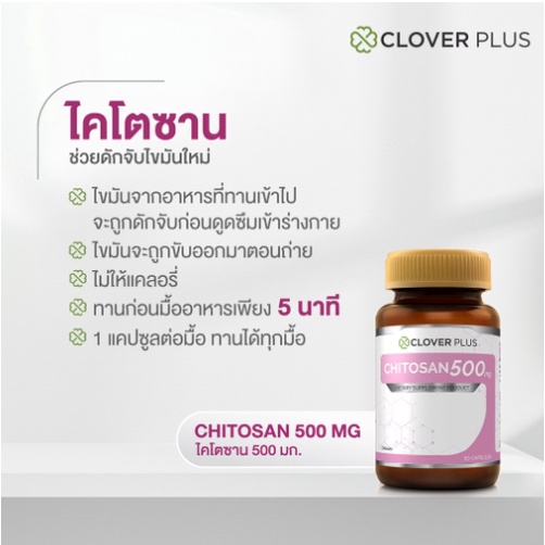 โฉมใหม่-clover-plus-chitosan-500-mg-30-แคปซุล-อาหารเสริมไคโตซานจากธรรมชาติ-ช่วยดักจับไขมัน