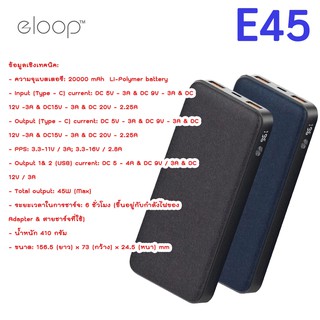 ภาพหน้าปกสินค้า[รับประกัน1ปี/แพ็คส่ง1วัน]Eloop E45 แบตสำรองชาร์จเร็ว 20000mAh QC4.0 PD 45W Power Bank มี LED แจ้งปริมาณแบต หุ้มผ้า ซึ่งคุณอาจชอบสินค้านี้