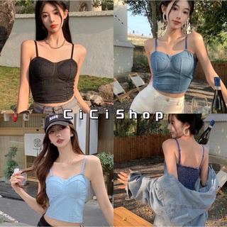 Cicishop(งามเกรดดีJ088)เสื้อสายเดี่ยวครอปกิมมิคแต่งเย็บ หลังสม็อค ทรงแซ่บปังสุดๆ