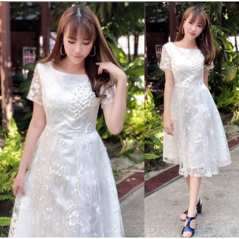 ชุดราตรีสั้น-m-l-dress-เดรสสีขาวผ้าปักลูกไม้สวยหรู-งานป้าย-love-love