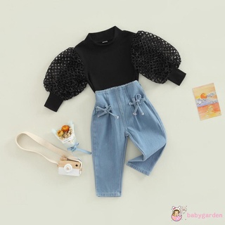 Babygarden- ชุดเสื้อคอกลม แขนพัฟ ฉลุลาย สีพื้น พร้อมกางเกงยีน สีพื้น สําหรับเด็กผู้หญิง อายุ 1-6 ปี