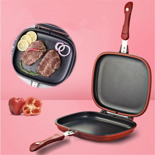 ✇♨Pot Double Pan Doubel Sided Grill Pan Frying Pan Double Pan Grill Pan Baking Tray  Double Faced Wok Pan Frypan