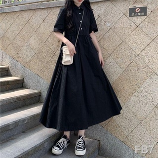 กระโปรง ฤดูร้อนญี่ปุ่นโปโลคอปกรูดเอวแขนสั้นชุดนักเรียนหญิงเวอร์ชั่นเกาหลีบางและเอวสูงกระโปรงยาวสีดำ